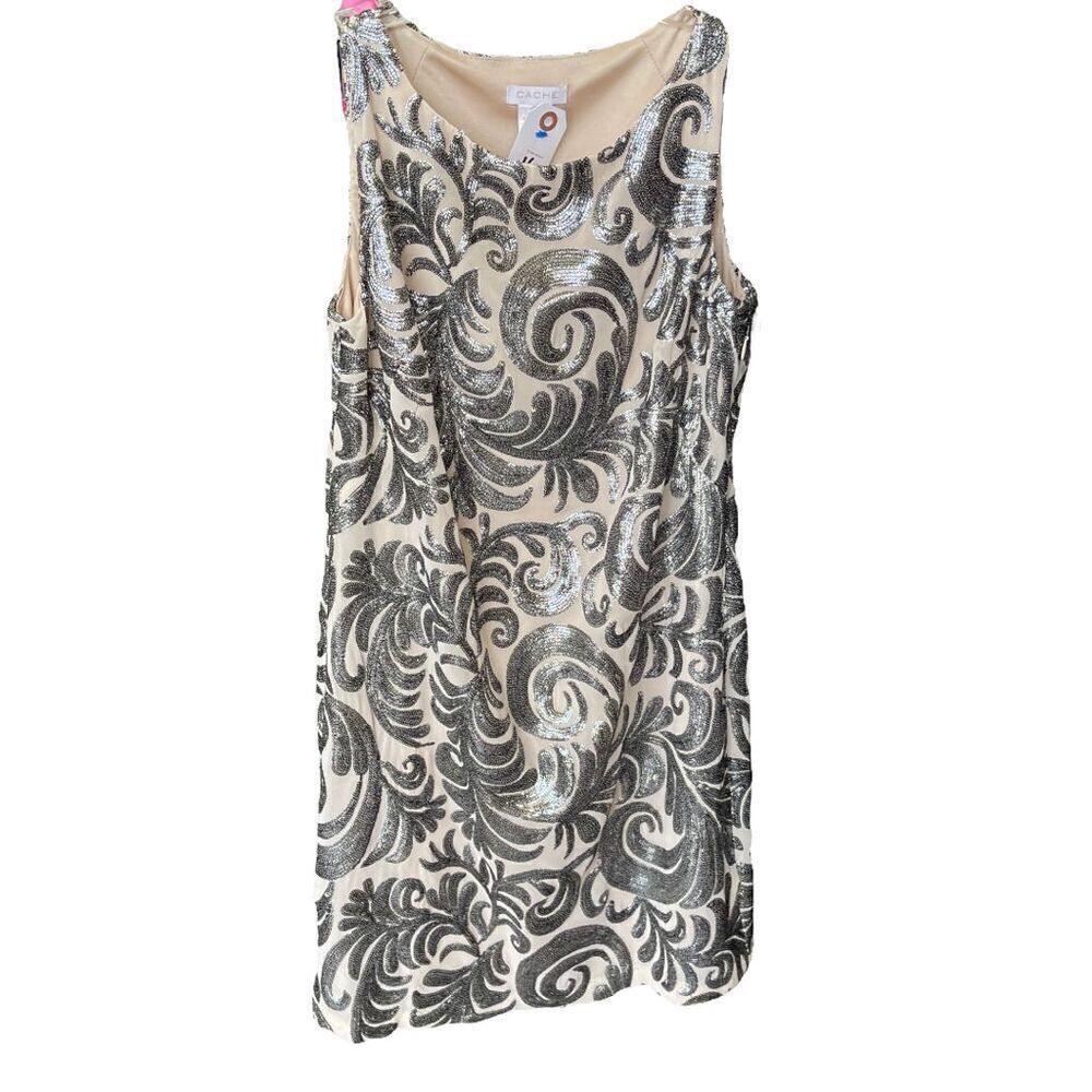 Cache Silver Sequins Sleeveless Cocktail Shift Dress Size Small